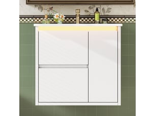 Meuble vasque mural blanc avec lavabo intégré, éclairage led à capteur et charnières amorties 61 cm