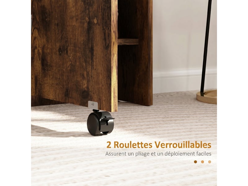  Table à manger pliante mobile sur roulettes, 2 plateaux rabattables, 2 étagères intégrées, 140x80x74cm, brun rustique  - Conforama R