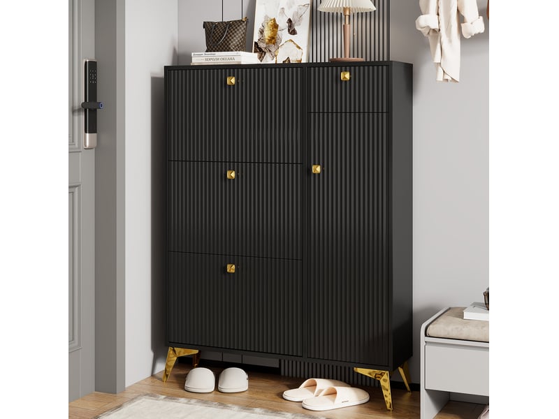  Meuble à chaussures noir à 3 abattants, 1 tiroir et 1 porte, 90x25x121 cm  - Conforama C