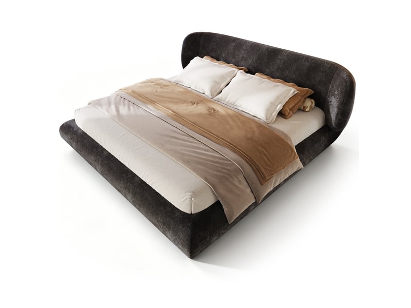  Lit rembourré 140 × 190 cm 2 places avec tête de lit et bords arrondis, sans matelas, en chenille grise  - Conforama A