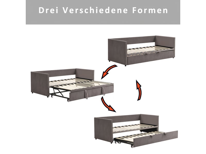  Canapé-lit 90/180 x 200 cm, lit de jour convertible pour 2 adultes, lit rembourré avec lit d'appoint coulissant et sommier à lattes, convertible en lit double, velours, gris, sans matelas  - Conforama D