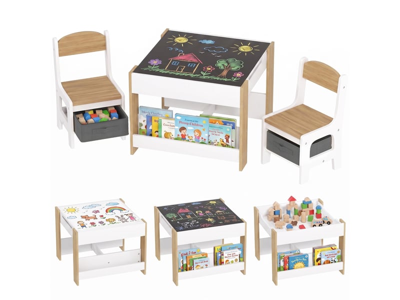  Ensemble table et chaises 3 en 1 pour enfants avec tableau noir, tiroirs en tissu et espace de rangement, blanc et naturel  - Conforama A
