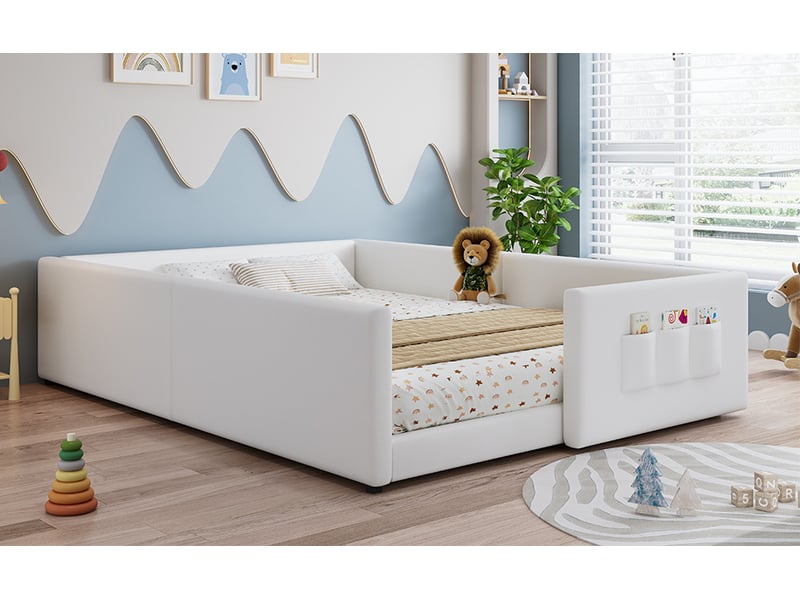  Lit enfant 140x200 cm, lit 2 place, design enveloppant, 3 poches de rangement, sommier, polyuréthane, blanc sans matelas  - Conforama B