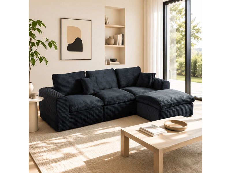  Canapé d’angle modulable 4 places 280 cm, 3-en-1, sans cadre rigide, mousse et ressorts, couchage d’appoint, velours côtelé, bleu foncé Morn Vibe - Conforama B