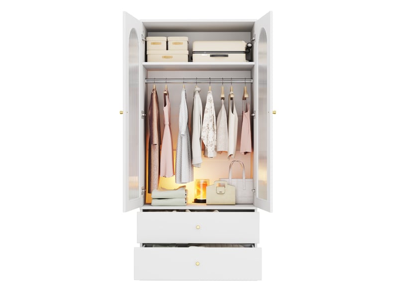  Armoire de chambre - 90x50x200 cm - armoire penderie moderne avec 2 portes en verre canelé et 2 tiroirs - blanc  - Conforama A