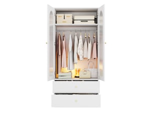 Armoire de chambre - 90x50x200 cm - armoire penderie moderne avec 2 portes en verre canelé et 2 tiroirs - blanc