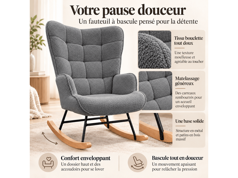  Chaise à bascule, fauteuil a bascule avec polaire sherpa, allaitement fauteuil pour salon, chambre, balcon, gris foncé  - Conforama D