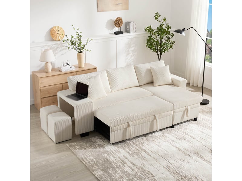 Canapé d'angle convertible 3 places 231 x 131,5 x 84 cm avec rangement ports usb-c étagère et coussins, velours côtelé beige Sol Morn - Conforama D