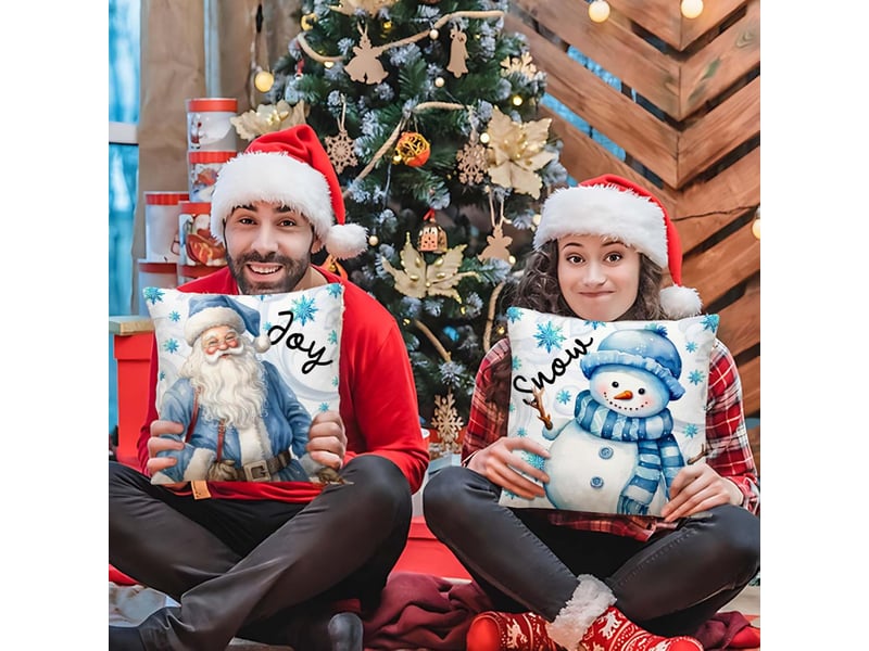  Lot de 4 housses de coussin décoratives de noël, 45 x 45 cm, en lin bleu, motif sapin et père noël  - Conforama E