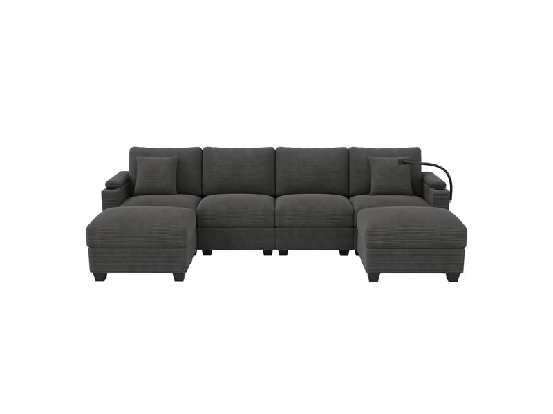 Canapé-lit forme en u canapé modulaire en velours côtelé fonction couchage porte-téléphone prise de recharge usb couchage d'appoint coloris gris - Conforama D