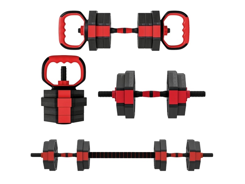 Set d'haltères réglables 15 kg 100 x 18 x 18 cm rouge en plastique, 4-en-1 pour entraînement à domicile - Conforama B