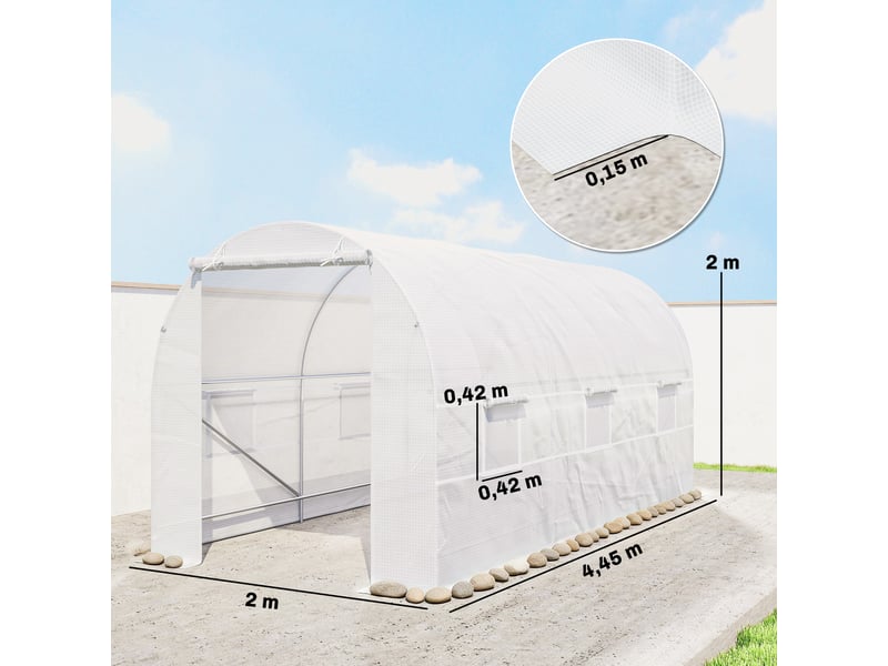  Serre tunnel avec porte enroulable et 6 fenêtres pour la culture de plantes et de légumes 445 x 200 x 200 cm blanc  - Conforama E