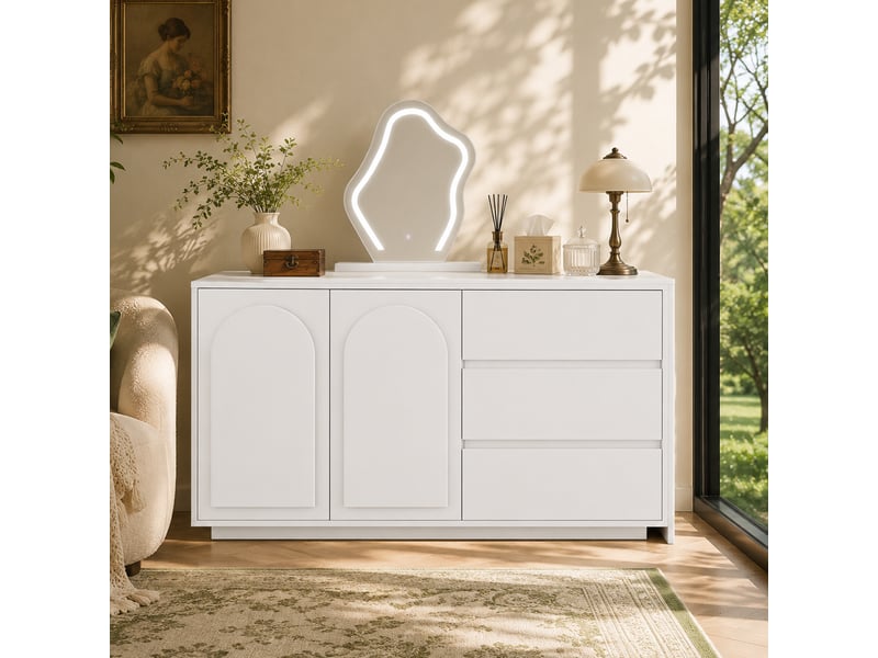  Coiffeuse 3 tiroirs, 2 portes et miroir à LED, meuble de maquillage pour chambre à coucher  - Conforama B