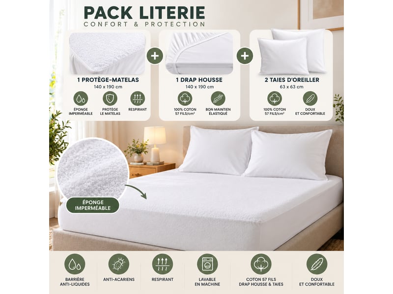  Pack literie protège matelas 140x190 imperméable + drap housse + 2 taies blanc  - Conforama B