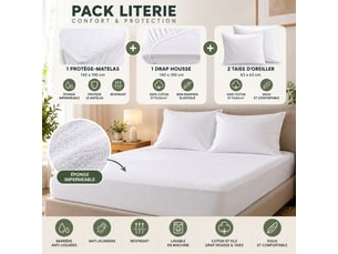 Pack literie protège matelas 140x190 imperméable + drap housse + 2 taies blanc