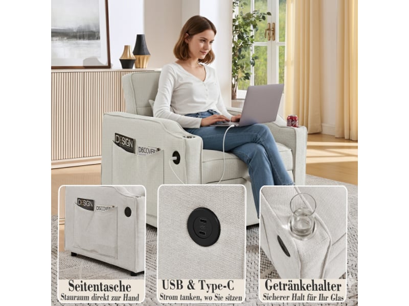  Fauteuil-lit 3-en-1 usb-c, porte-boissons inox, dossier 3 positions, poches — idéal pour petits espaces et invités  - Conforama D