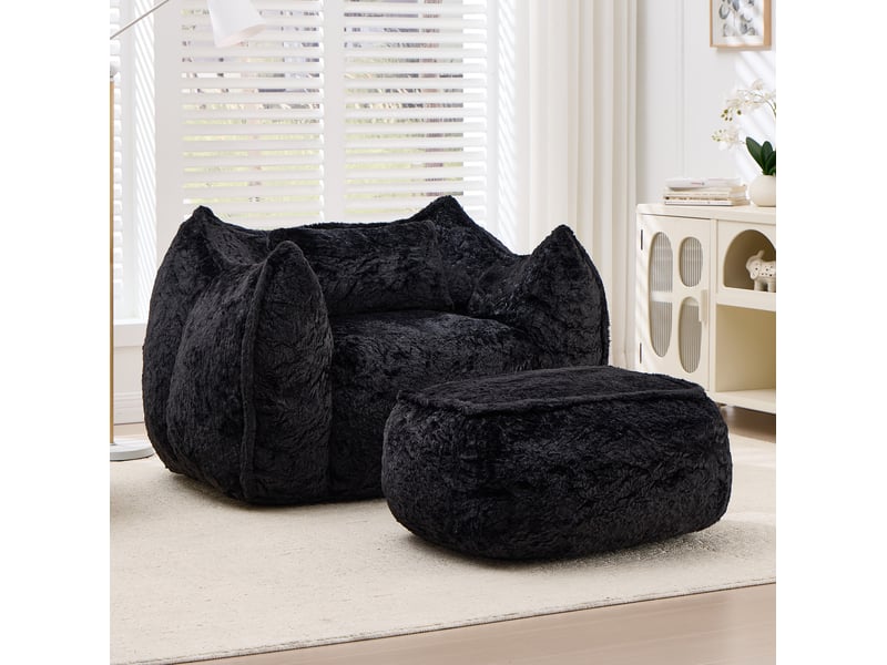  Fauteuil pouf avec repose-pieds et dossier enveloppant pour lecture et jeux, adultes et enfants, en fausse fourrure noire  - Conforama B