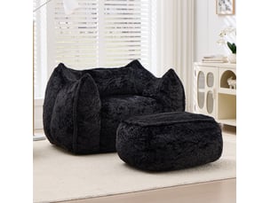 Fauteuil pouf avec repose-pieds et dossier enveloppant pour lecture et jeux, adultes et enfants, en fausse fourrure noire