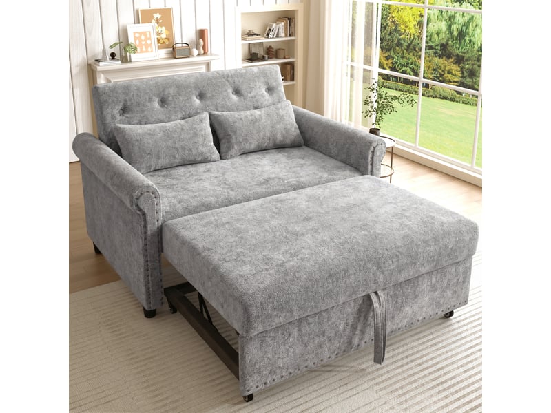Canapé convertible 3-en-1 2 places 120 x 80 x 82 cm avec dossier 3 positions, lit gigogne et 2 coussins, chenille, mousse et bois, gris OMNIGLINT TRADING LTD - Conforama B