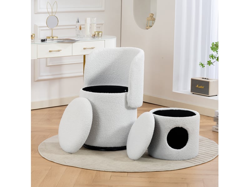 Pouf blanc pivotant à 360° en tissu teddy avec rangement intégré et couchage pour félin - Conforama D