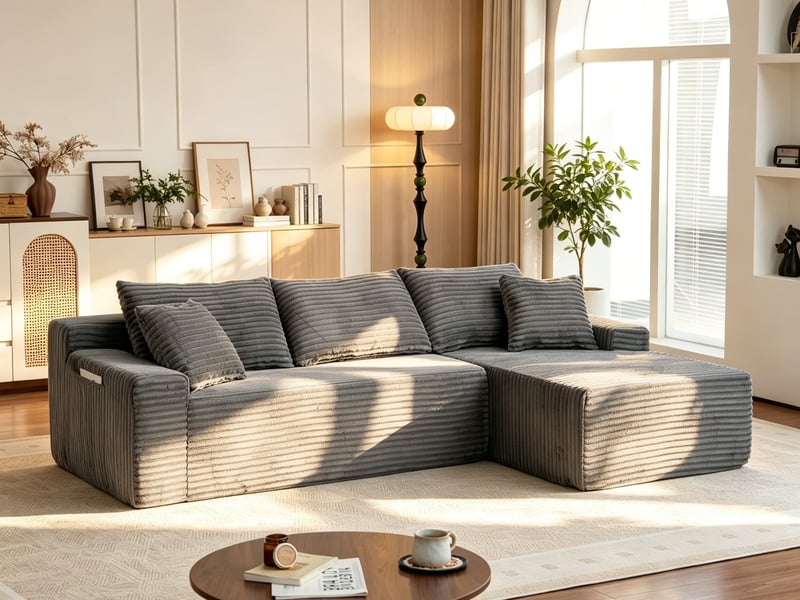  Canapé d’angle, sectionnel en velours côtelé, rembourré mousse, droite, chambresalon, 79x239x156 cm, gris  - Conforama B