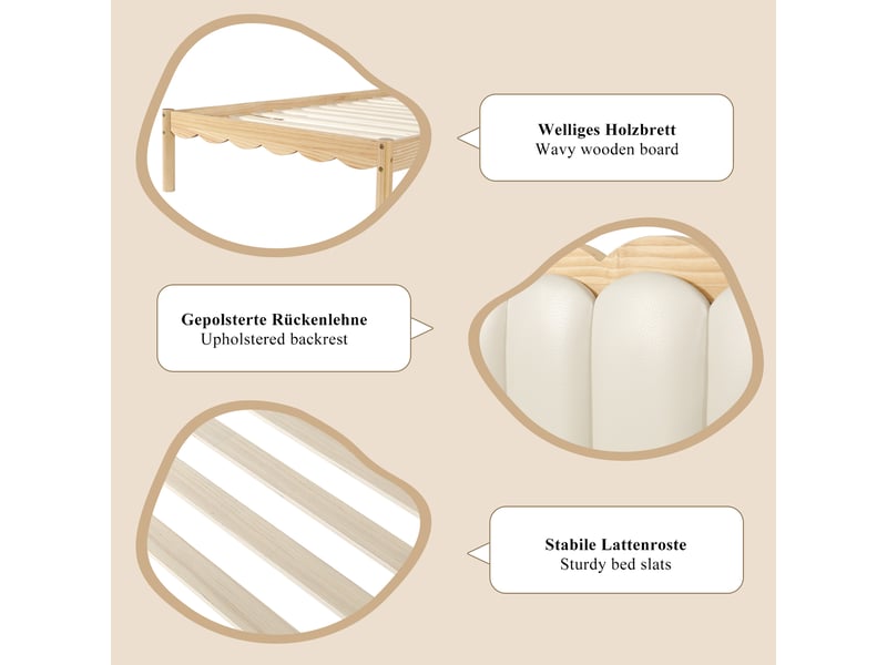  Lit simple pour enfant 90 x 200 cm, tête de lit rembourrée en pu, élégante forme ondulée, cadre en bois massif,beige  - Conforama W