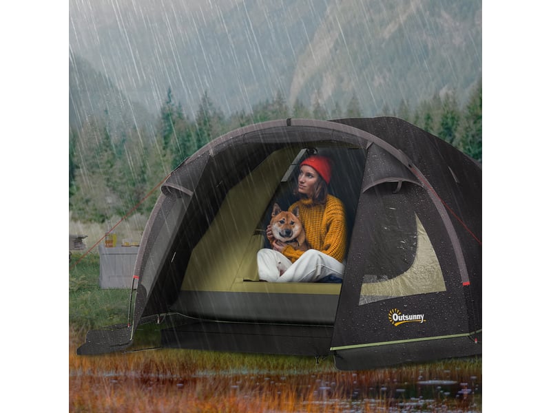  Tente de camping 2 places légère et stable avec protection uv 50+, tente tunnel avec auvent, porte latérale et fenêtre, noire  - Conforama C