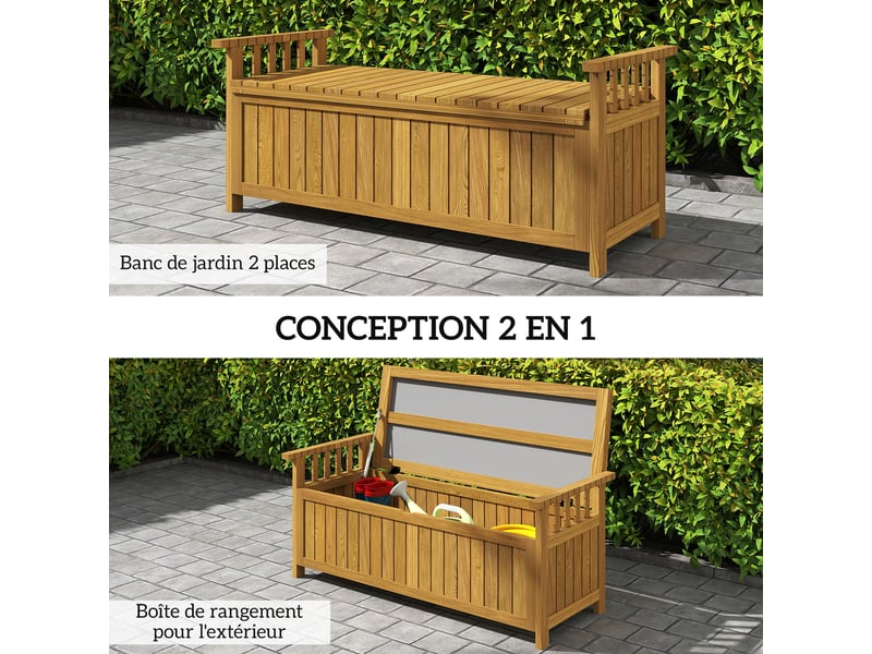 Banc de jardin 2 places en bois avec rangement de 151l banc d'extérieur avec accoudoirs 128,5 x 56 x 53,5 cm marron - Conforama E
