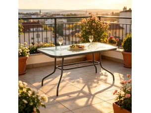 Table de jardin rectangulaire 120x80x70 cm grise en métal et verre trempé, avec trou pour parasol