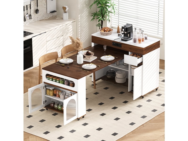  Desserte de cuisine extensible avec 1 tiroir, portes vitrées, roulettes et prises intégrées pour cuisine et salle à manger  - Conforama B