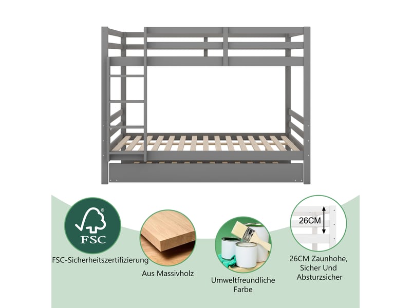Lit superposé enfant 140×200 cm avec lit gigogne, escalier et barrières hautes - sans matelas, pin gris - Conforama E