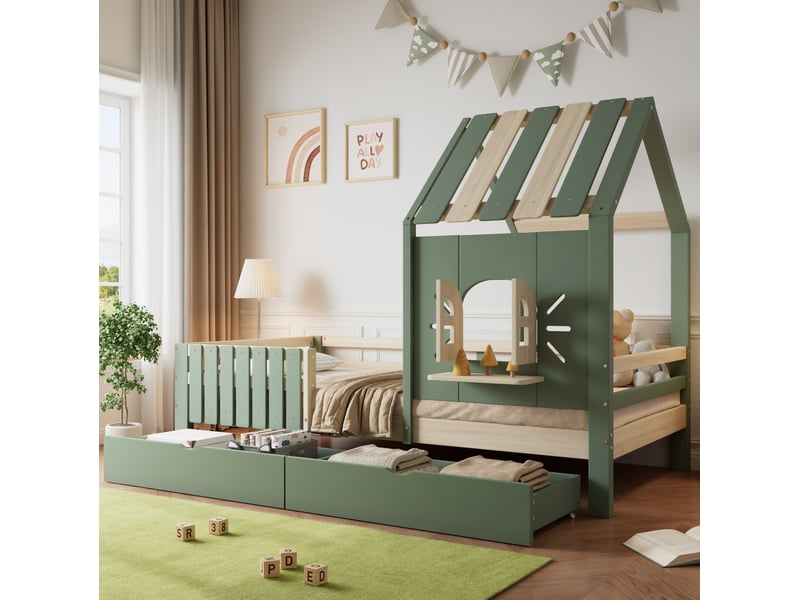  Lit enfant cabane 90 x 200 cm avec toit, fenêtre, 2 tiroirs, vert et naturel  - Conforama D