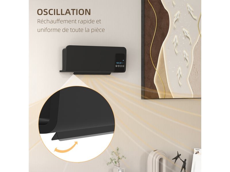  Radiateur soufflant mural chauffage céramique ptc - 1000 w 2000 w oscillation minuterie avec télécommande noir  - Conforama W