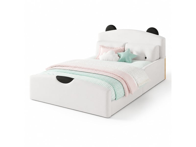  Lit plateforme 140 x 200 cm blanc en lin avec tête de lit ours et 2 coussins décoratifs  - Conforama A