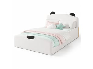 Lit plateforme 140 x 200 cm blanc en lin avec tête de lit ours et 2 coussins décoratifs