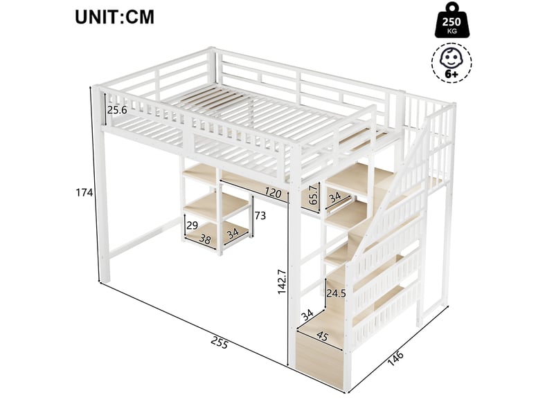  Lit mezzanine enfant 140 x 200 cm blanc avec bureau, rangements, led et usb  - Conforama E