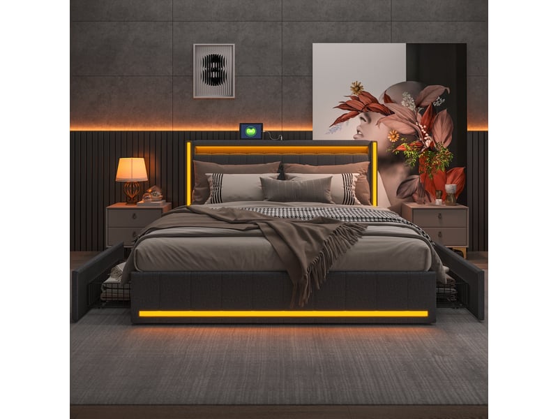  Lit 160x200cm - lit double 160x200 - avec tête de lit led, 4 tiroirs et prises usb type-c - tissu lin gris foncé  - Conforama B