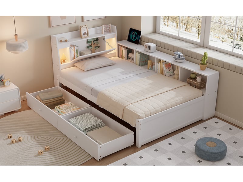  Lit avec rangements et recharge - 90x200cm - 2 tiroirs sous le lit, rangements latéraux et 2 lampes - avec sommier à lattes - blanc  - Conforama B