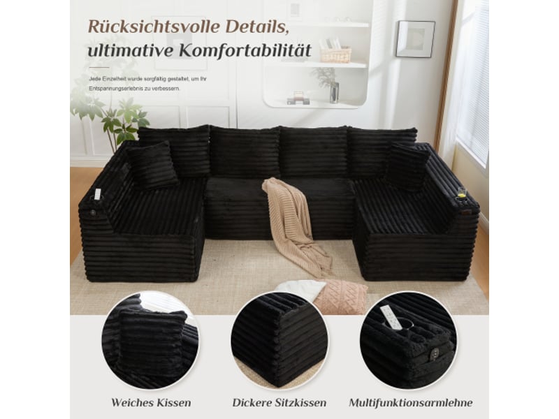  Canapé d'angle en u velours côtelé - porte-boissons, poches, ressorts, 4 coussins dorsaux, 2 déco, confort ergonomique  - Conforama D