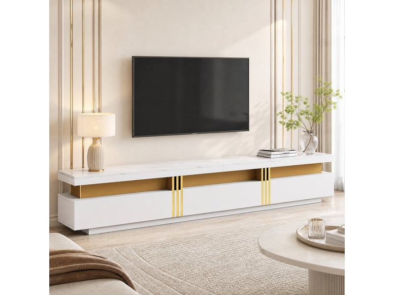  Meuble tv avec 3 tiroirs et passe-câbles pour salon 200×40×42 cm en panneaux de particules blanc  - Conforama B