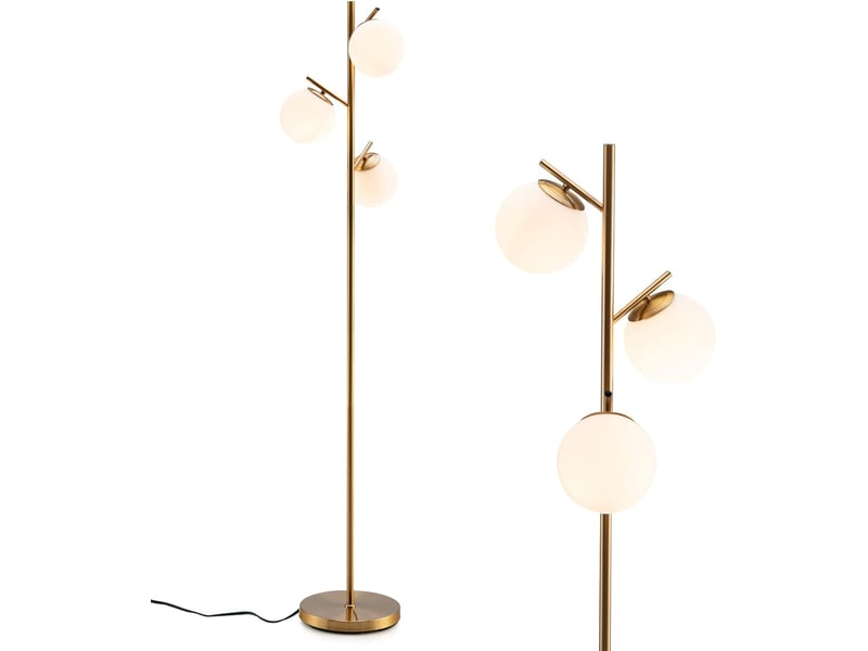 Costway lampadaire à 3 globes, lampe sur pied moderne avec interrupteur à pied et poteau métallique, 3 culots d'ampoule e27, pour salon, chambre, bureau, doré  - Conforama C