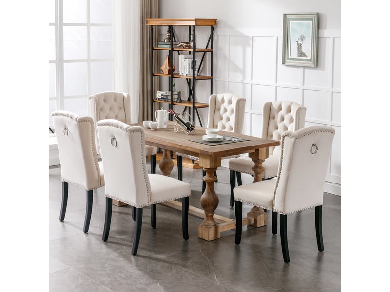  Chaises de salle à manger lot de 6 avec dossier capitonné  - pieds en chêne, clous décoratifs velours beige  - Conforama B
