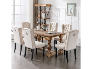 Chaises de salle à manger lot de 6 avec dossier capitonné  - pieds en chêne, clous décoratifs velours beige
