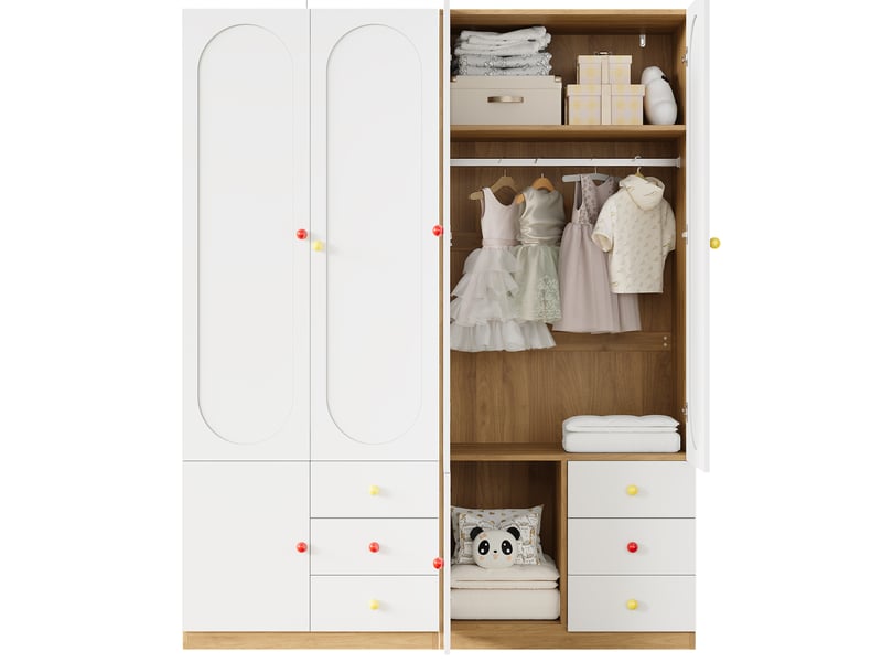 Lot de 2 armoires 2 portes avec tiroirs et tringle à vêtements, mdf blanc laqué, poignées en céramique - Conforama A
