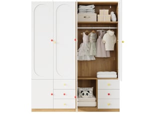 Lot de 2 armoires 2 portes avec tiroirs et tringle à vêtements, mdf blanc laqué, poignées en céramique