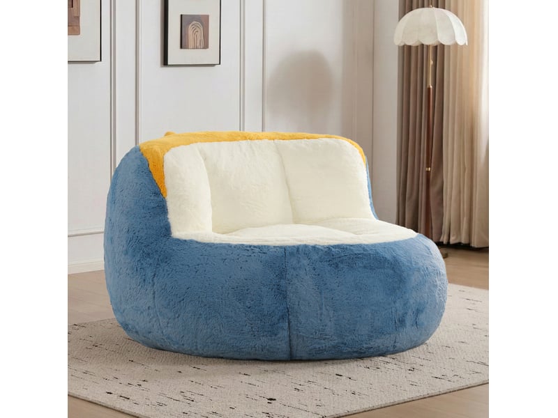 Fauteuil poire géant 106x110x77 cm – bleu, blanc et jaune – assise moelleuse avec poignée intégrée - Conforama B