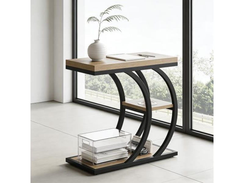  Console en c à 3 niveaux de rangement, structure en métal et bois, pour salon et chambre, noir et marron  - Conforama E
