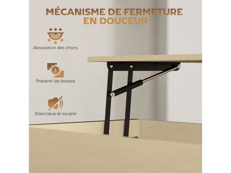  Table basse avec plateau relevable, table de salon avec compartiment caché et étagère ouverte, bois naturel, 95x40x59cm  - Conforama E