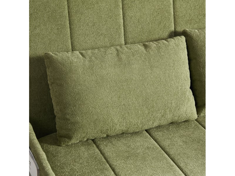 Canapé droit convertible 2 places en tissu vert olive, structure métal et poches latérales, idéal petit espace - Conforama D