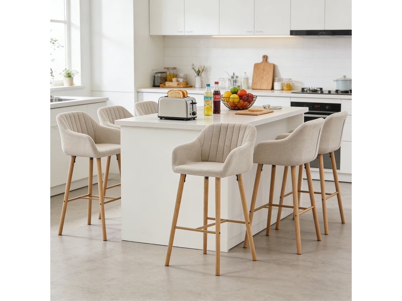  Lot de 2 chaises de bar, siège 75 cm de haut, avec accoudoirs et repose-pieds, pieds en bois massif, beige  - Conforama C